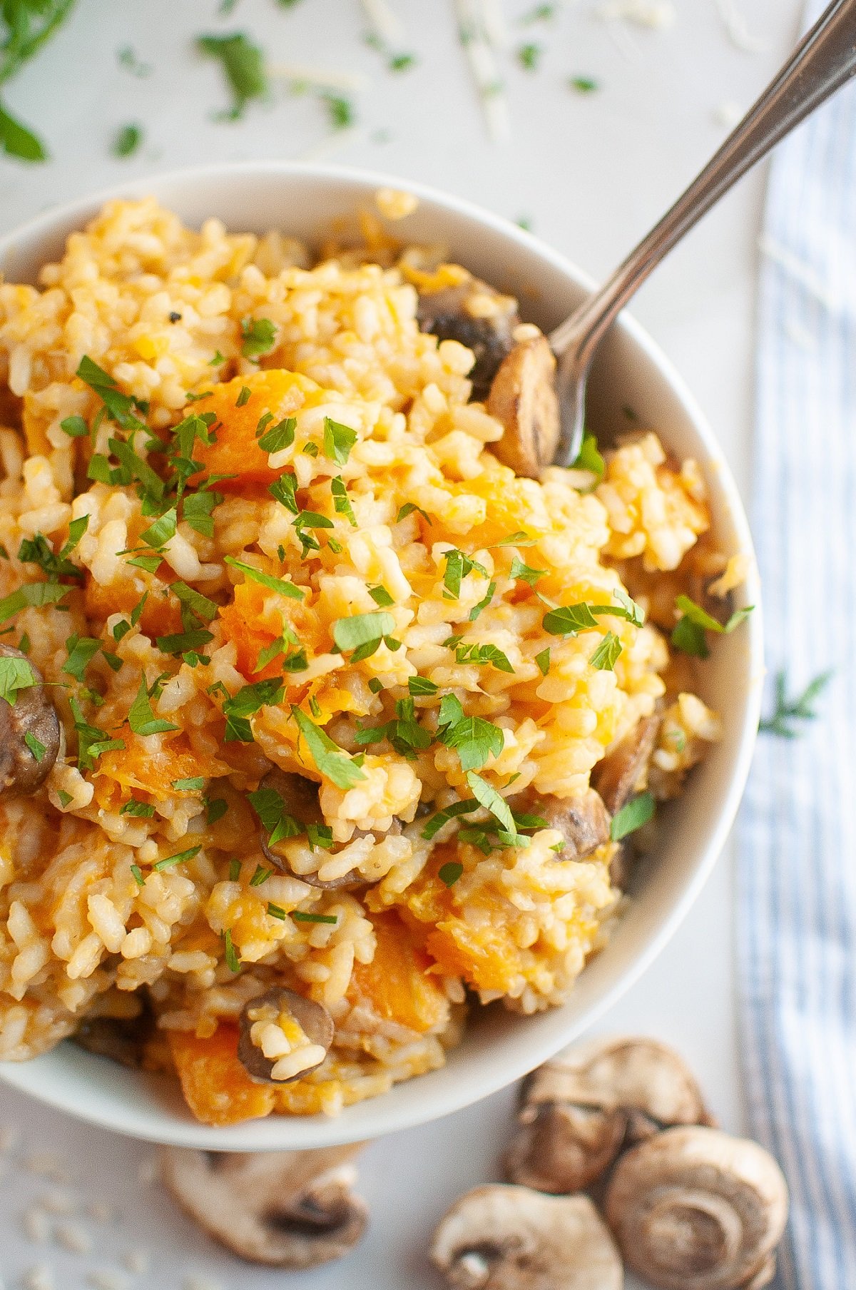 Closeup of a bowl of veggie risotto with a spoon.