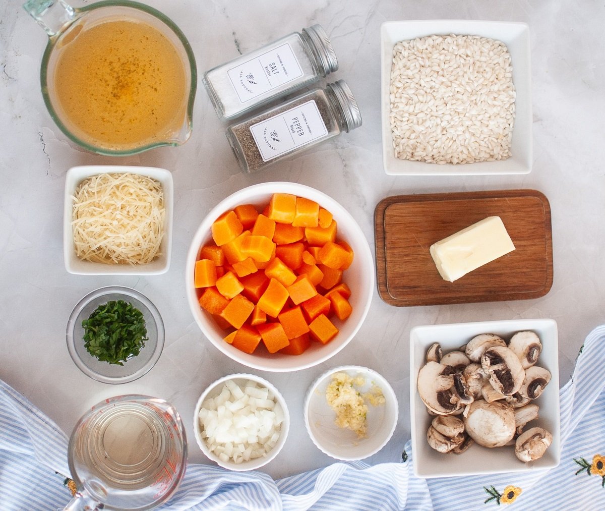 Ingredients needed for butternut squash and mushroom risotto. 