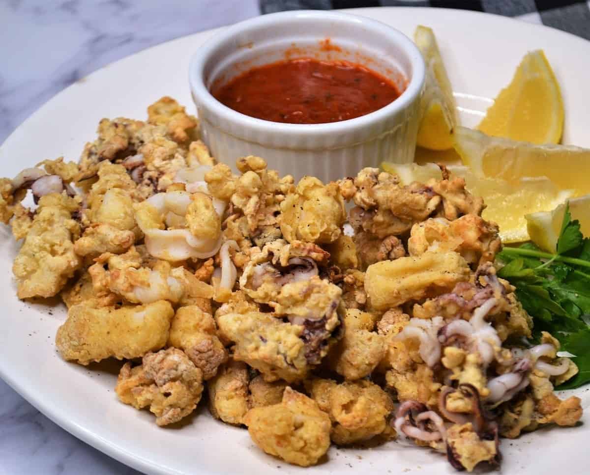 Crispy fried calamari on plate with marinara for dipping.