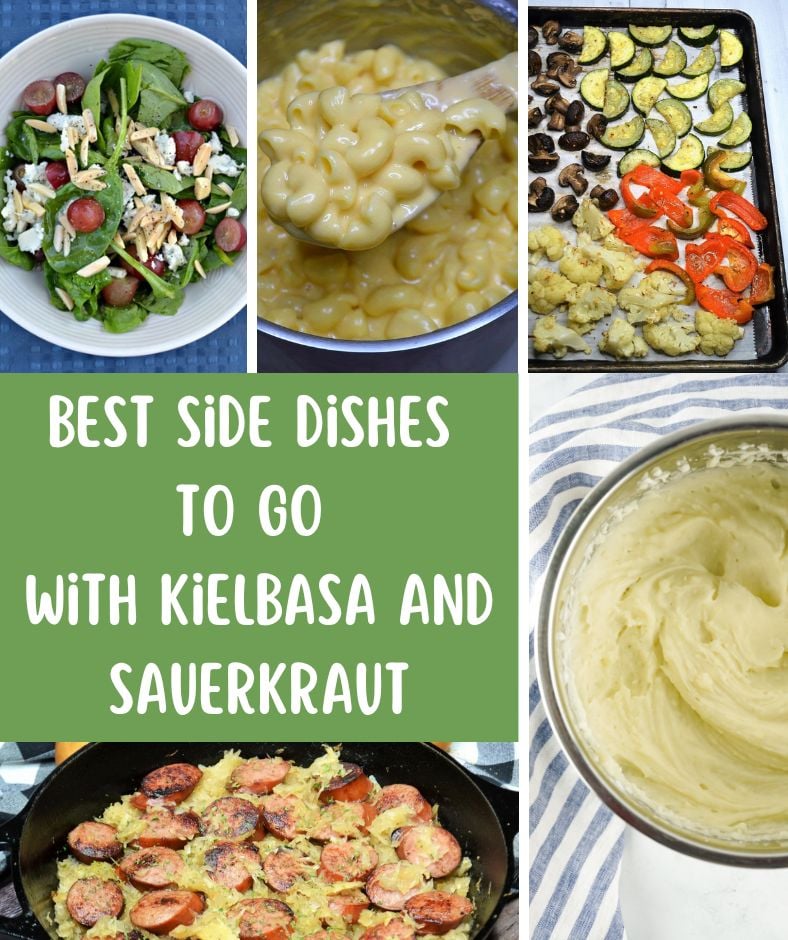 Kielbasa and sauerkraut side dishes with text overlay for social media.