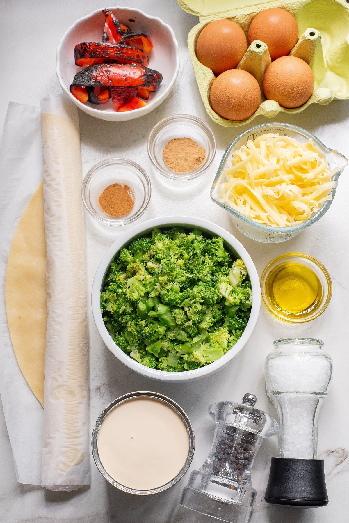 Ingredients needed for vegetarian quiche recipe.