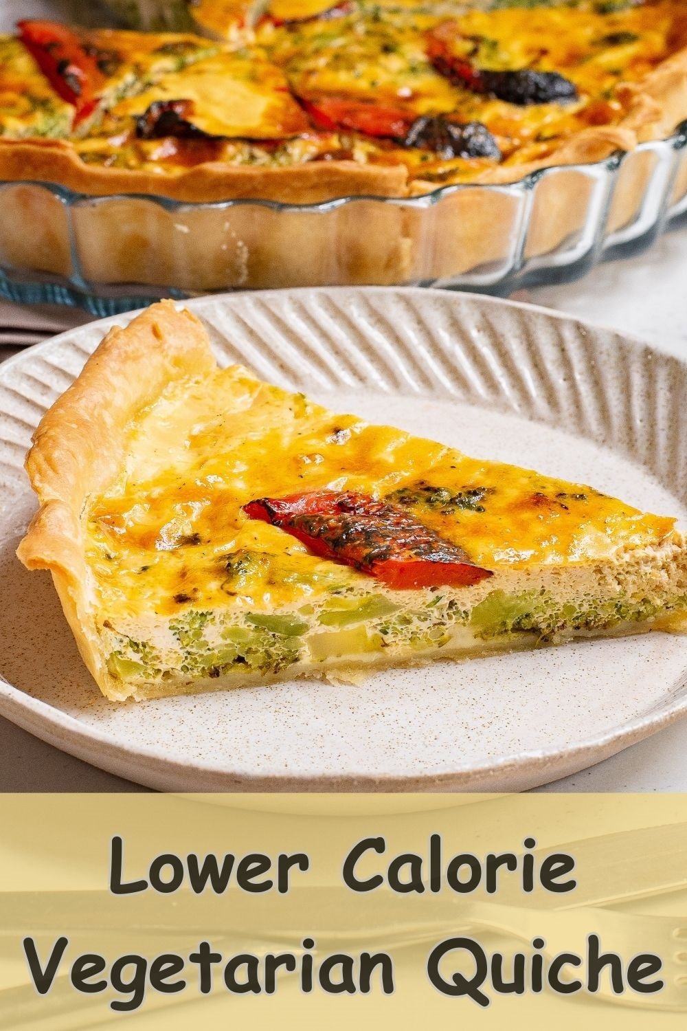 A slice of broccoli and roasted red pepper quiche on a plate pin. 