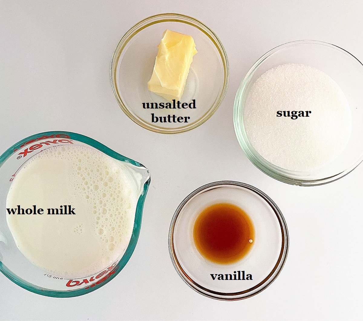 Ingredients needed to make sweetened condensed milk from scratch. 