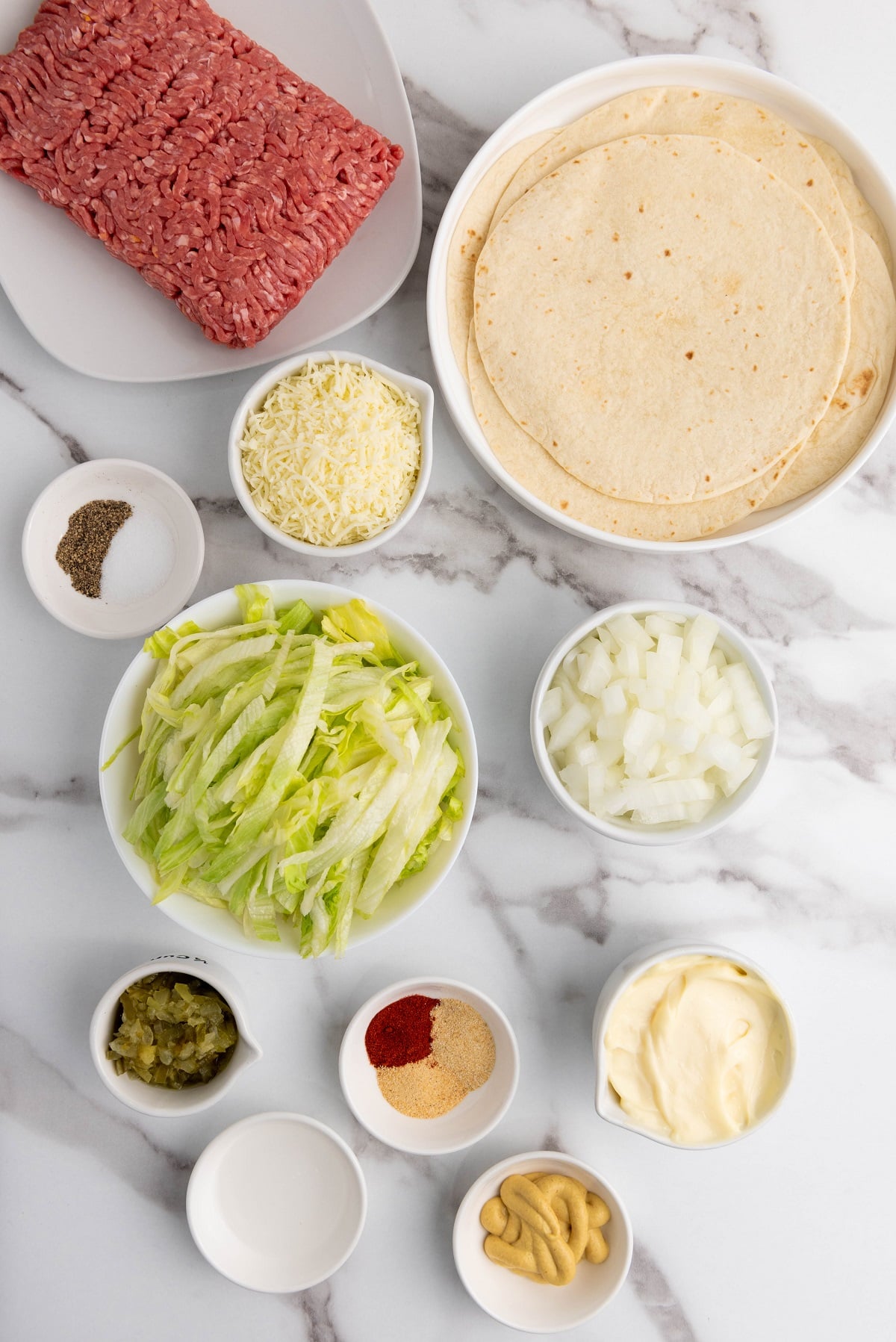 Ingredients needed to make Big Mac Smashed Burger Tacos.