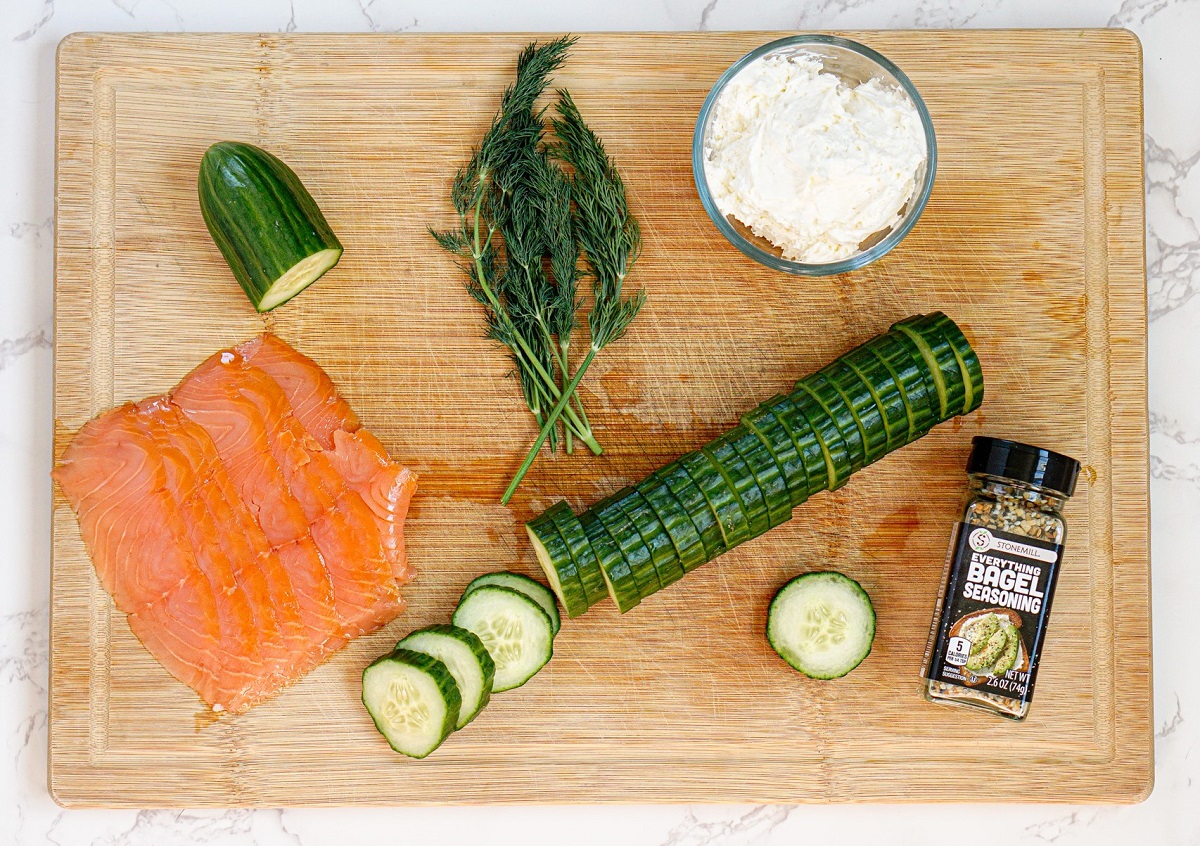 Ingredients needed to make Smoked Salmon Cucumber Bites. 