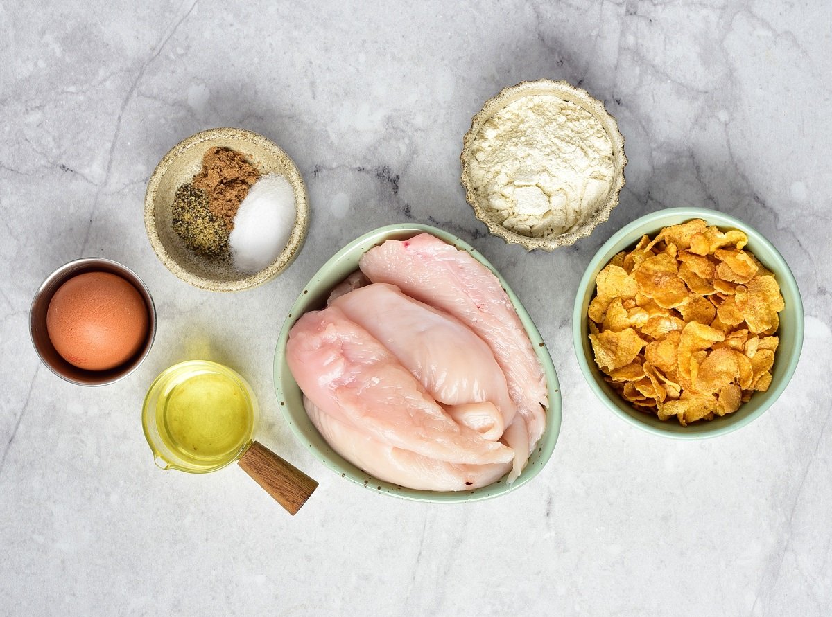 Ingredients needed for cornflake chicken.