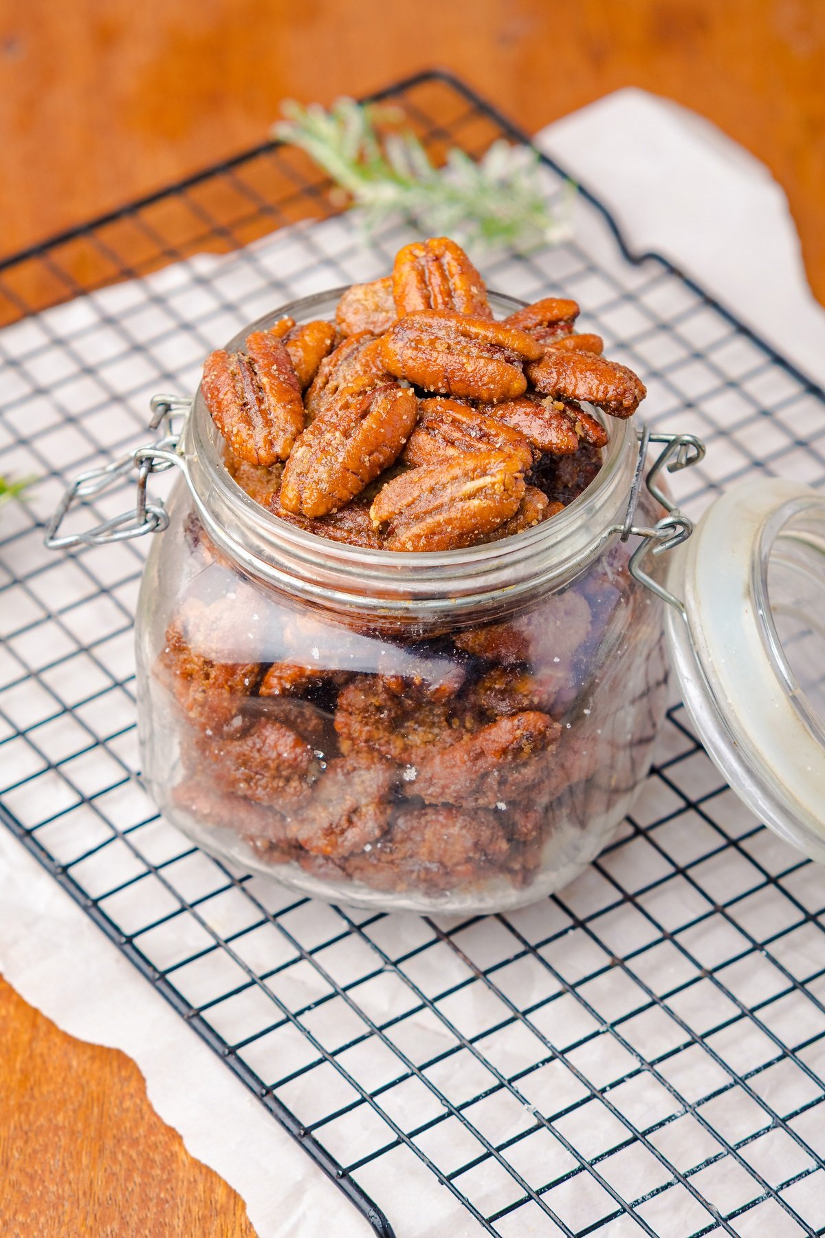 Candied pecans in a jar for gift giving.