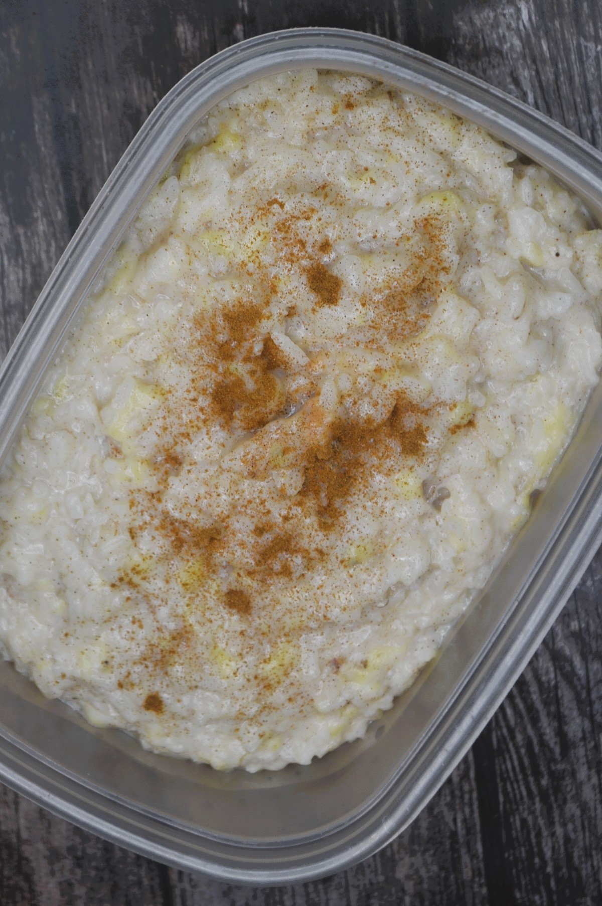 Rice pudding in a resealable container. 