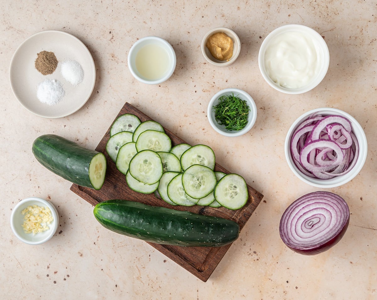 Ingredients to make cucumber dill salad.