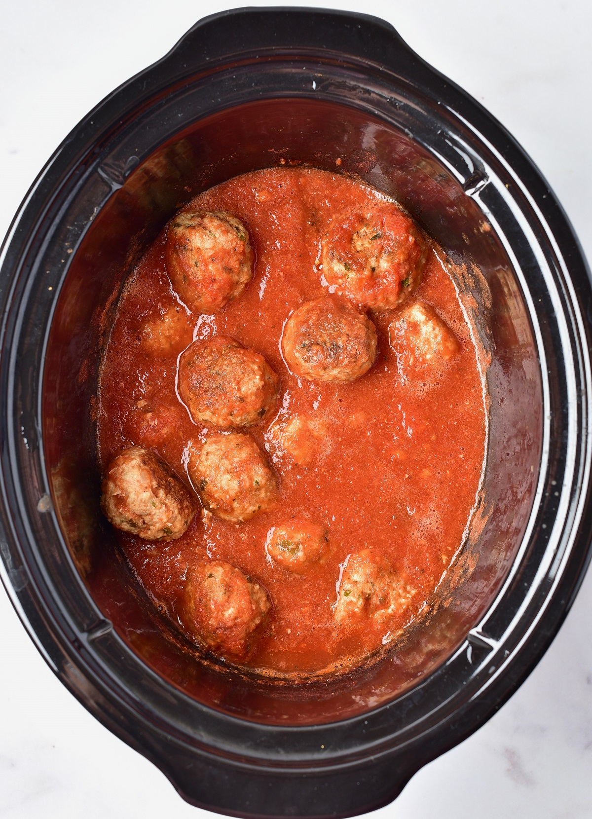 Slow cooker turkey meatballs in marinara. 