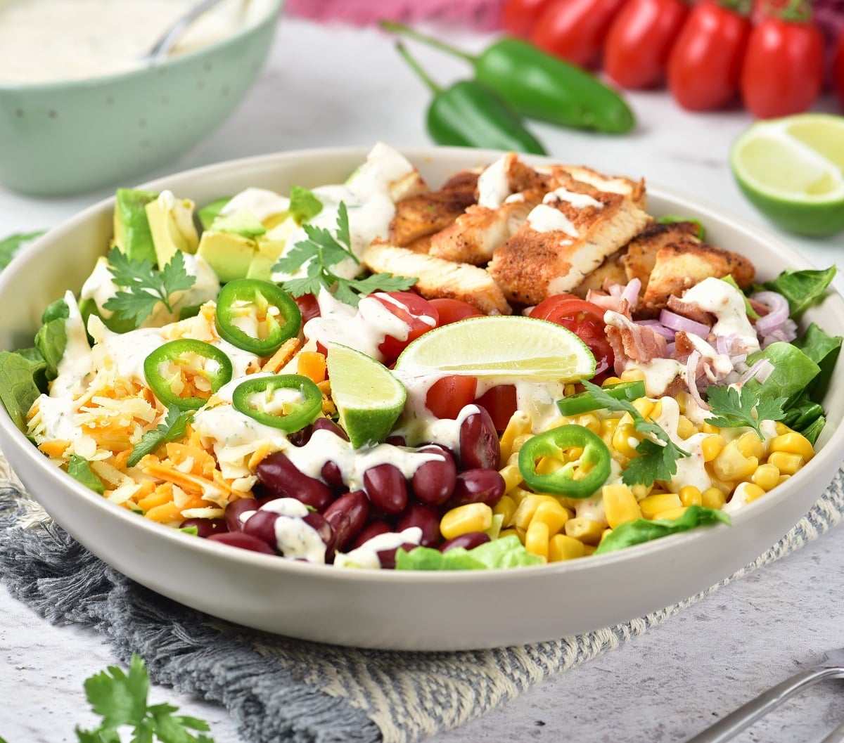 Southwest Grilled chicken salad in a bowl.