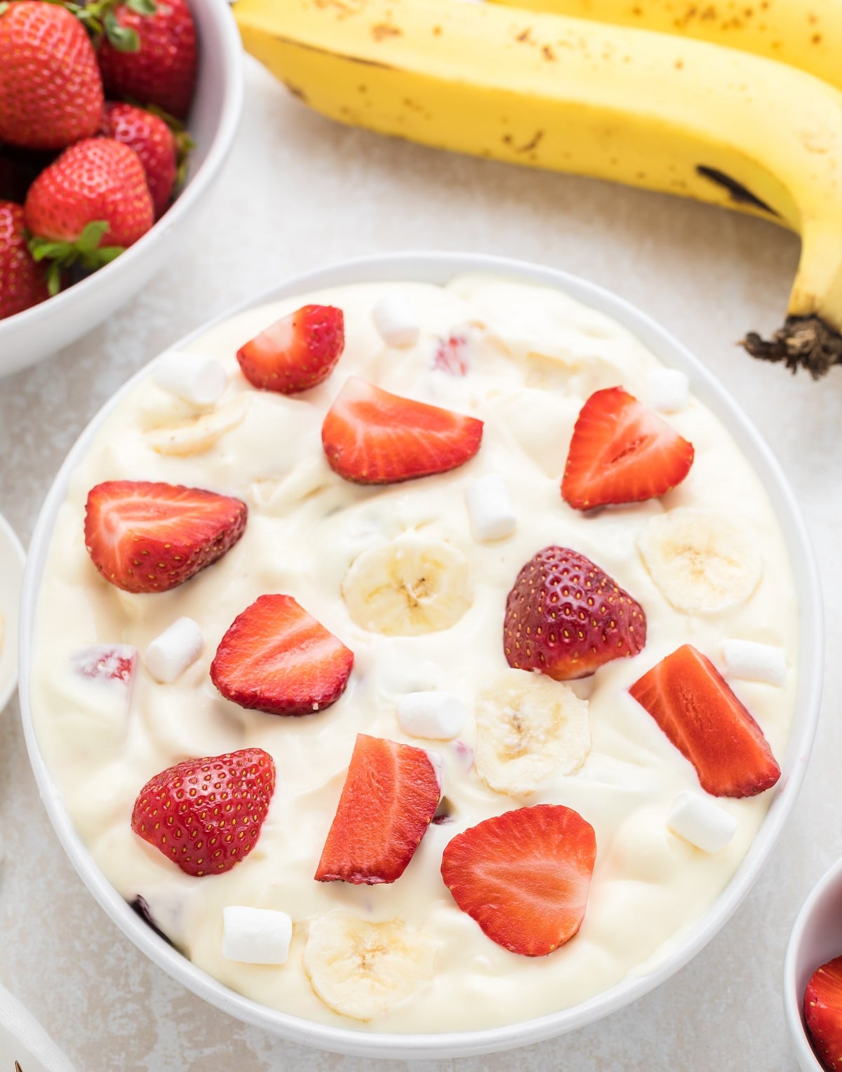Cheesecake-style mixture filled with strawberries, bananas and mini marshmallows. 