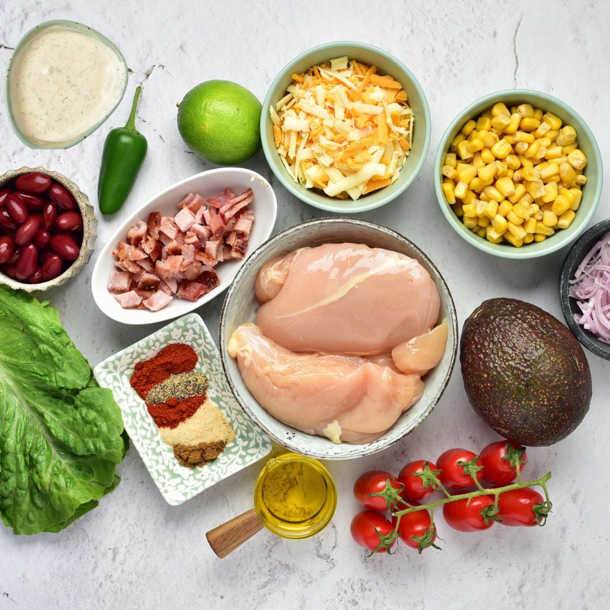 Ingredients needed to make southwest chicken salad.