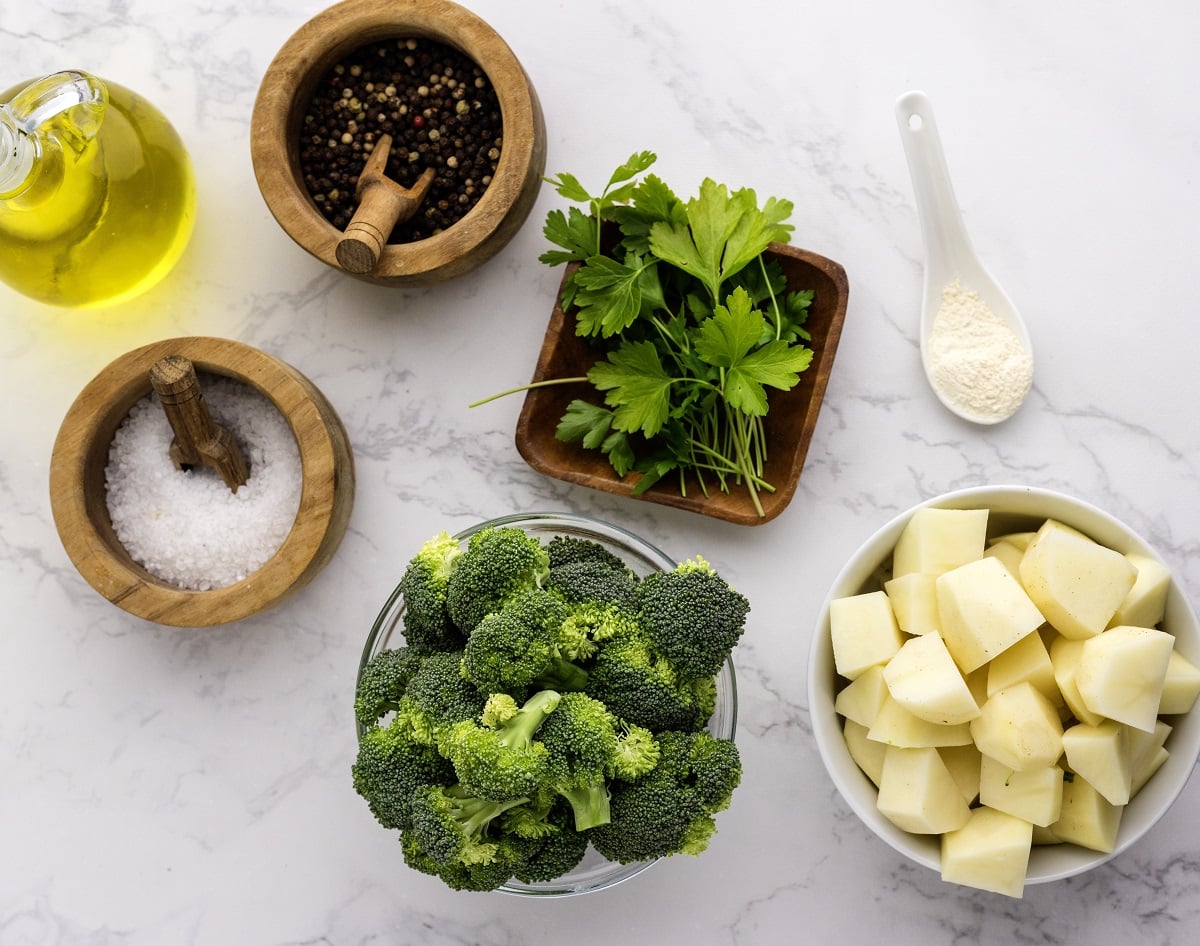 Ingredients needed for roasted broccoli and potatoes. 
