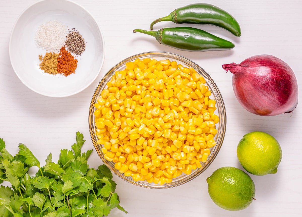 Ingredients needed for this corn salsa recipe. 