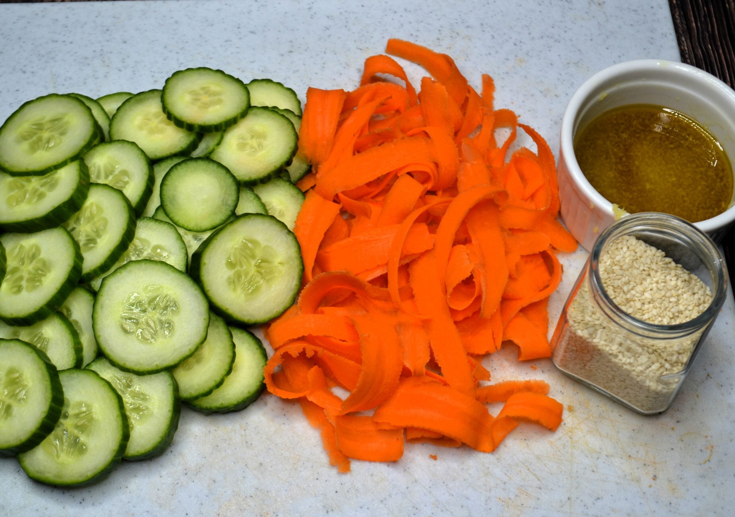 Ingredients needed for carrot cucumber salad. 