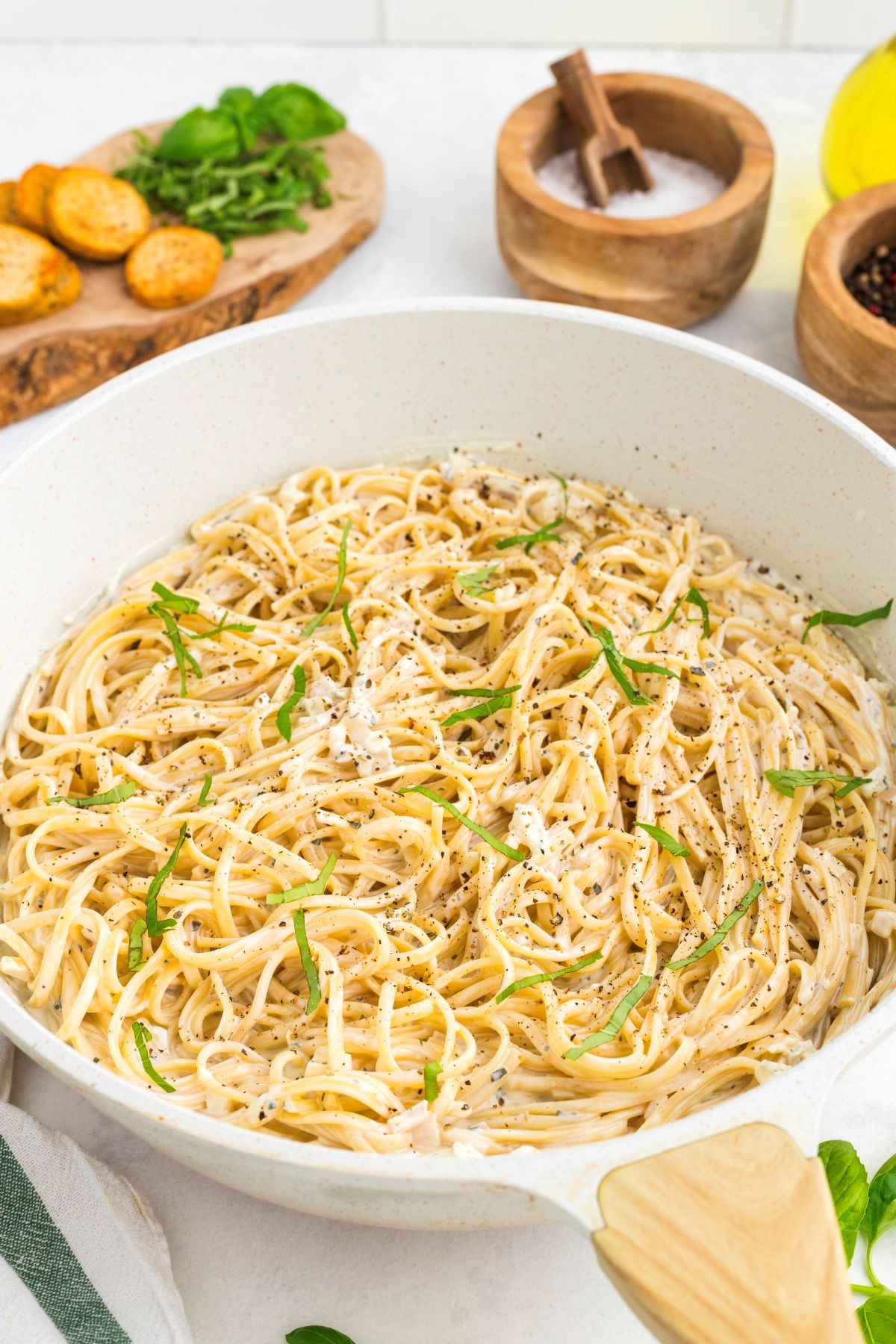 Creamy Boursin Pasta is garnished with basil. 