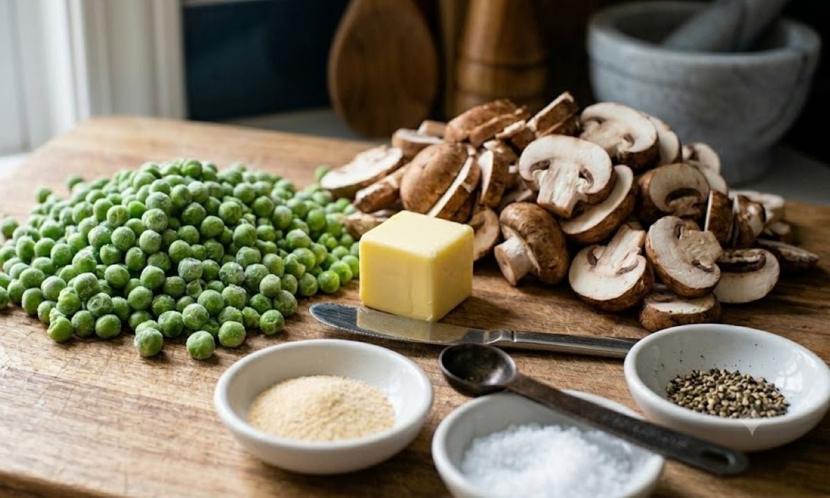 Ingredients needed for making a mushrooms and peas side dish.