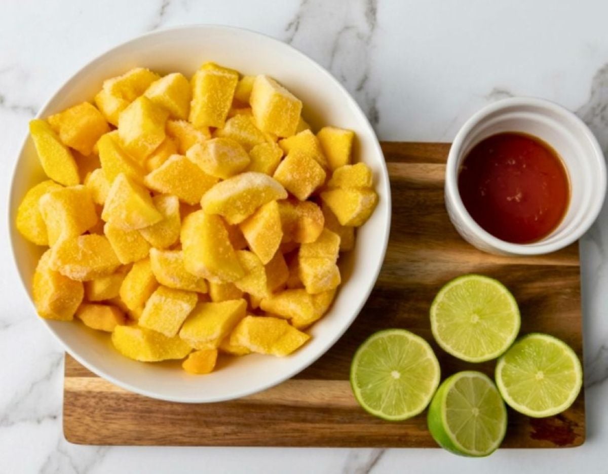 Ingredients needed for mango sorbet recipe. 