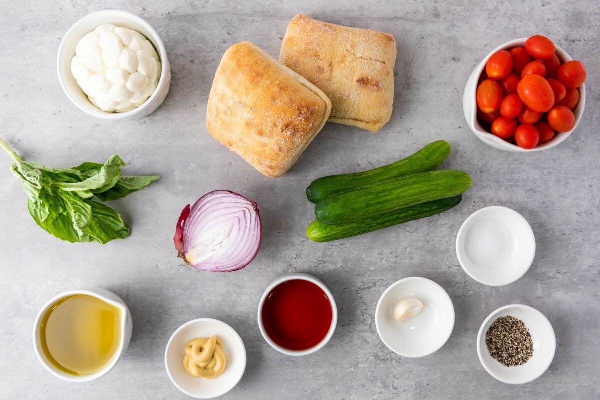 Ingredients needed for panzanella salad recipe.