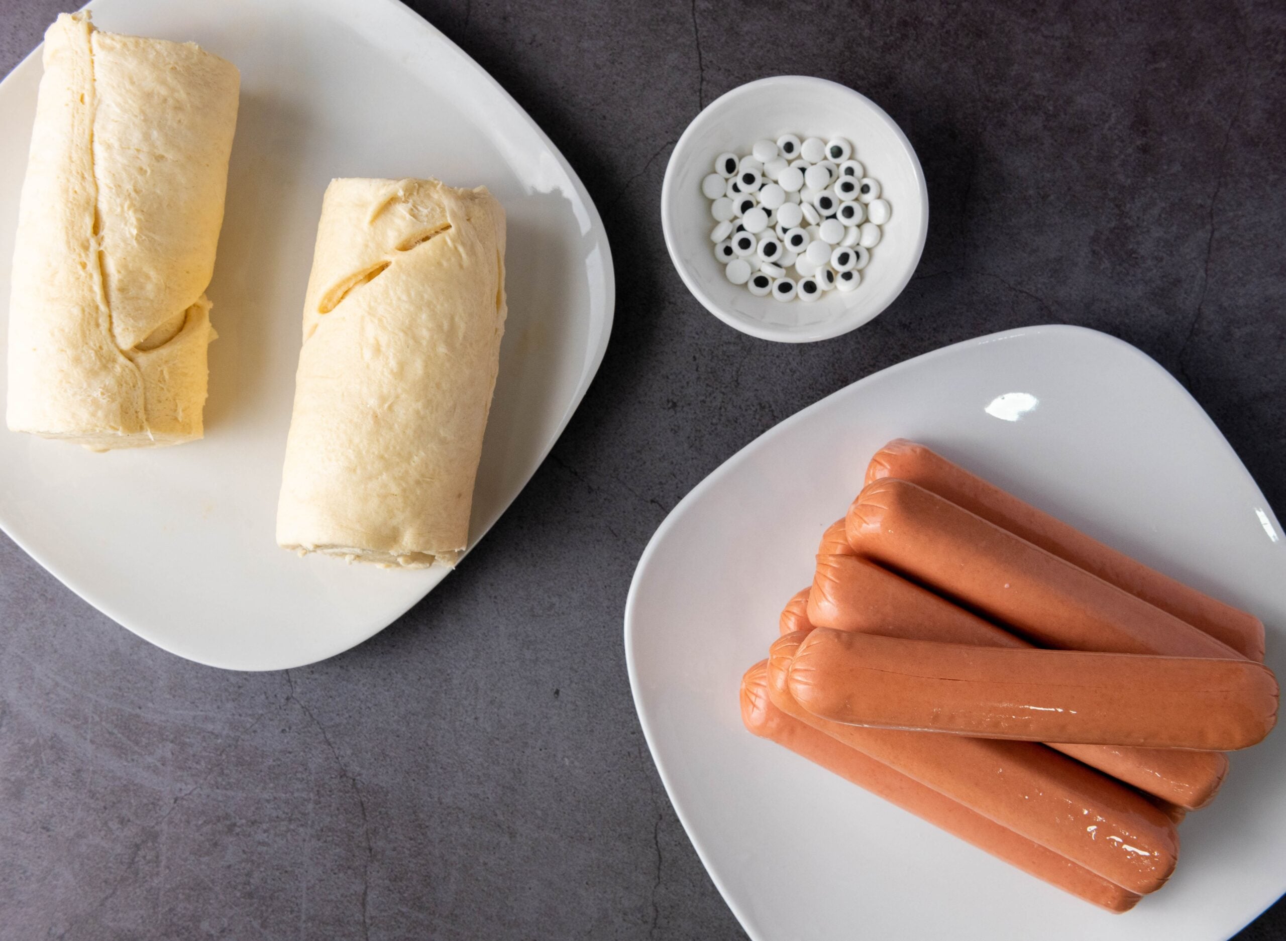 Ingredients needed for mummy hot dogs.